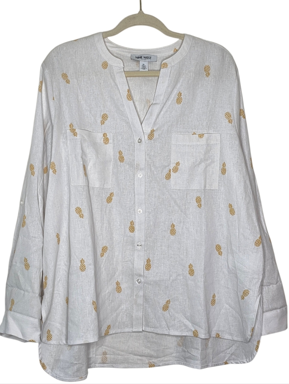 LINEN Pineapple Print Shirt XL Button-up with Pockets Roll Tab Sleeves Coastal